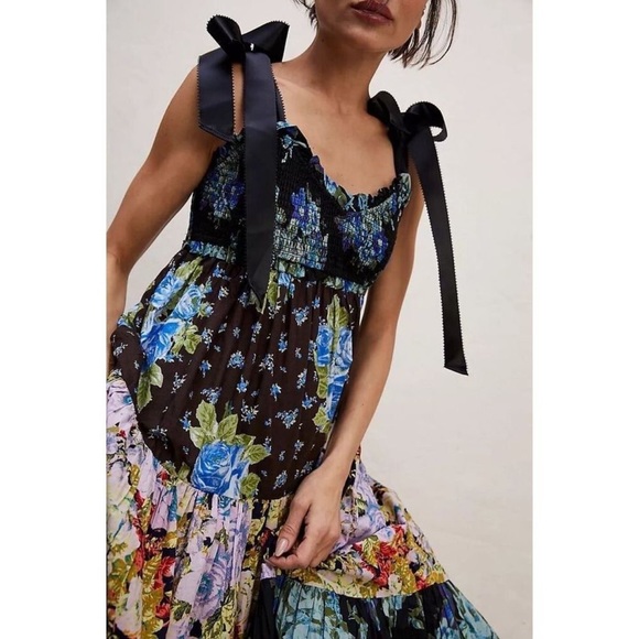 Free People Bluebell Boho Maxi Dress Ribbon Straps Floral Cool Combo - Picture 6 of 16